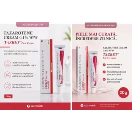 Crema Tazret 0.1%, Tazarotena, Glenmark, 20gr – Solutia Avansata pentru Combaterea Acneei si Regenerarea Pielii, tratament psoriazis, riduri, acnee