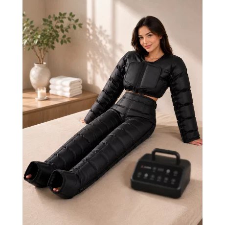 Aparat de presoterapie pentru drenaj limfatic, 8 camere de compresie, pantalon talie inalta si brate, 6 moduri de tratament, 30-250 mmHg, recuperare medicala, masaj terapeutic, refacere musculara, marimea XL, negru Alhena®M-PRO 3001,
