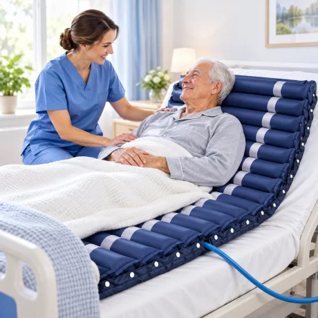 Saltea antiescara cu compresor ultrasilentios Maidesite C01, Presiune Alternativa, dimensiuni 200/90cm, orificiu toaleta, Pompa inclusa, Albastru/Alb