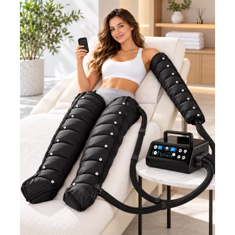 Aparat de presoterapie pentru drenaj limfatic si masaj Alhena® M-PRO 3001, 3 X 8 camere de compresie aer, 6 moduri de tratament, 30-250 mmHg, picioare si brat, marimea XL, negru