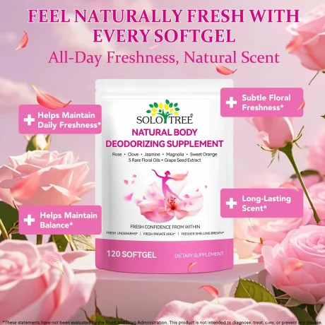 Supliment delicat cu amestec floral, Capsulă deodorantă de corp SOLOTREE, Support Natural Body Freshness, Capsule moi, 120 buc