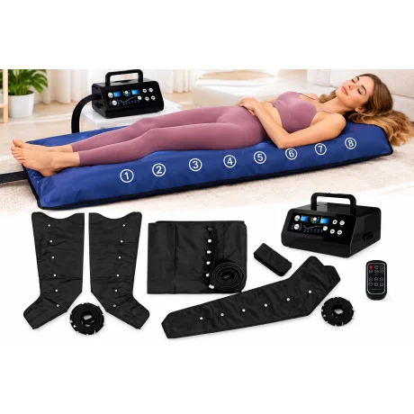 Aparat de presoterapie pentru drenaj limfatic si masaj Alhena® M-PRO 3001, 4 X 8 camere de compresie aer, 6 moduri de tratament, 30-250 mmHg + saltea drenaj limfatic XL